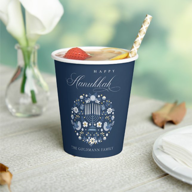 Elegant Classy Navy Blue Happy Hanukkah Floral Paper Cups (Insitu)