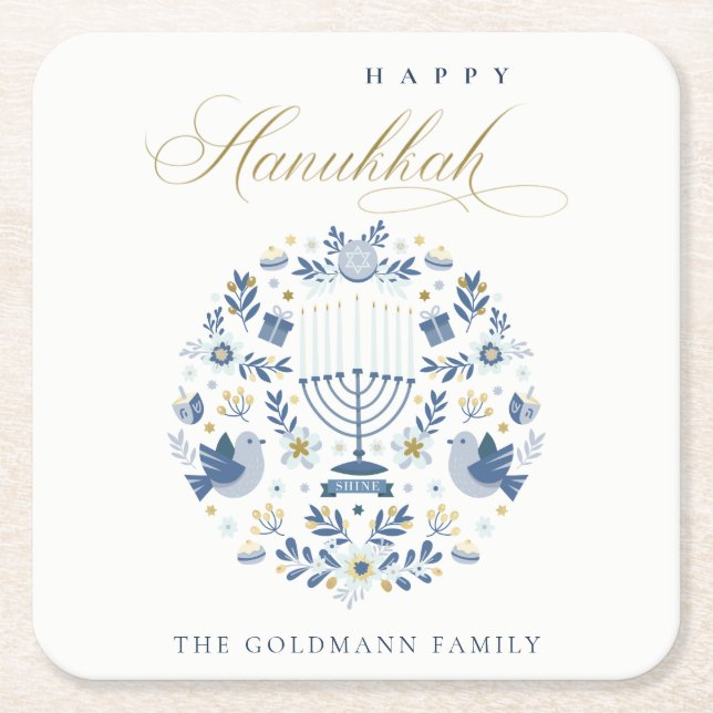 Elegant Classy Navy Blue Happy Hanukkah Floral Square Paper Coaster (Front)