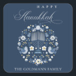 Elegant Classy Navy Blue Happy Hanukkah Floral Square Sticker<br><div class="desc">If you need any further customisation please feel free to message me on yellowfebstudio@gmail.com.</div>