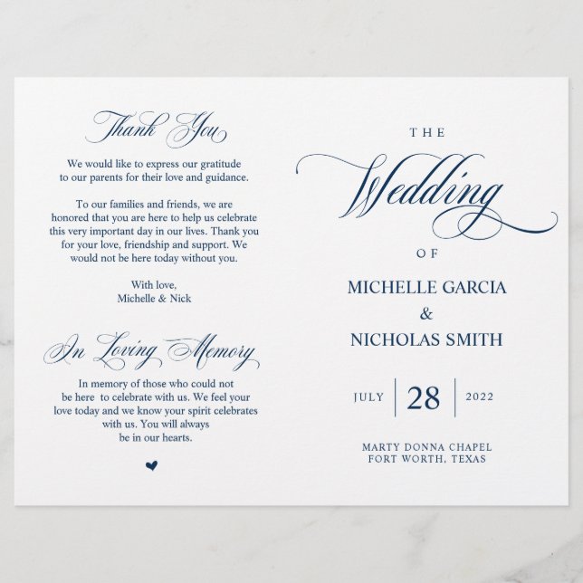 Elégant Classy Navy Blue, Programme de mariage pli (Devant)