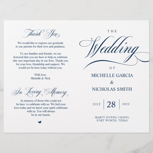 Elégant Classy Navy Blue, Programme de mariage pli (Devant)