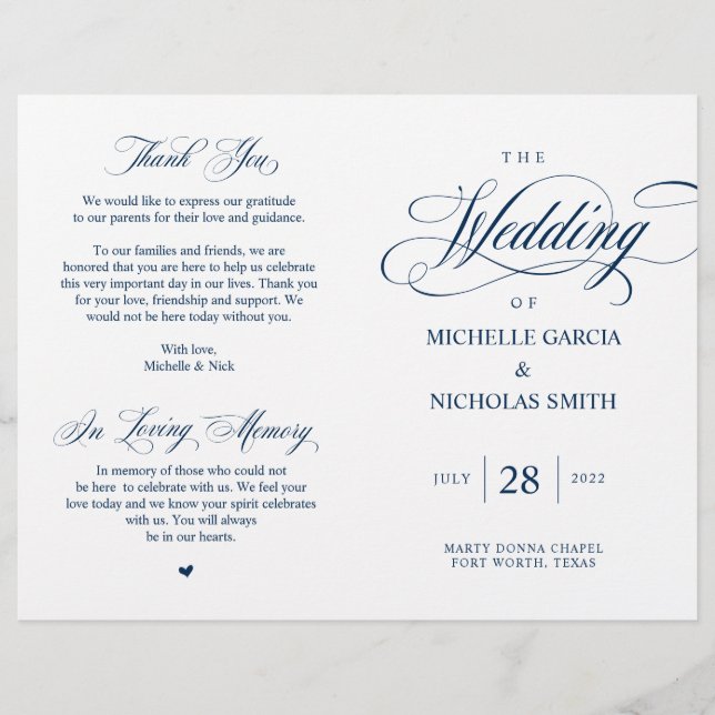 Elégant Classy Navy Blue, Programme de mariage pli (Devant)