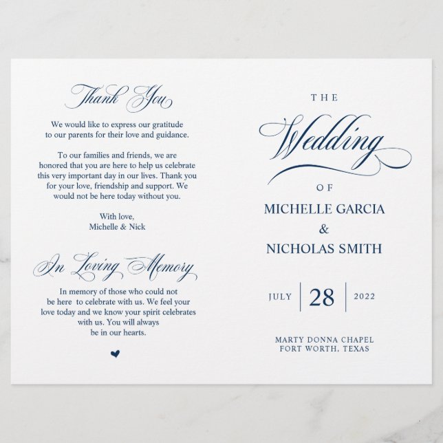Elégant Classy Navy Blue, Programme de mariage pli (Devant)