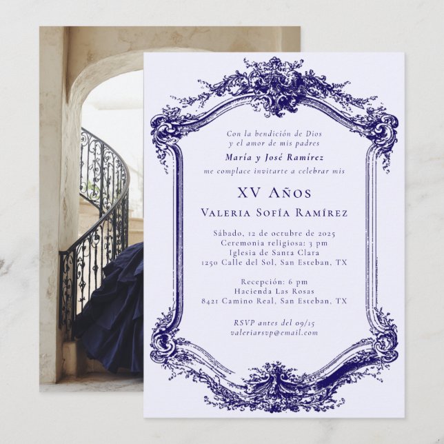 Elegant Classy Navy Blue Quinceañera 15th Birthday Invitation (Front/Back)