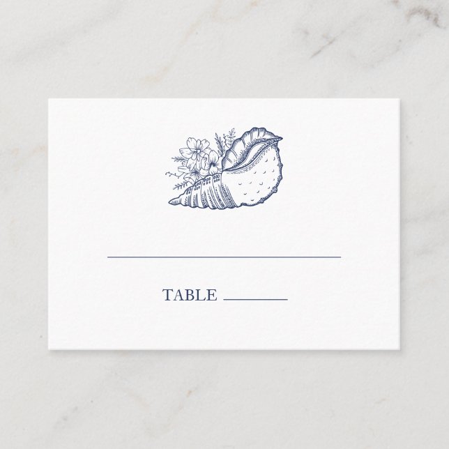 Elegant Classy Navy Seashell Beach Wedding Escort Place Card (Front)