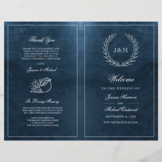 Elegant Classy Navy Seashell Beach Wedding Program (Front)