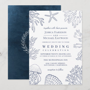 Elegant Classy Navy White Coral Beach Wedding Invitation