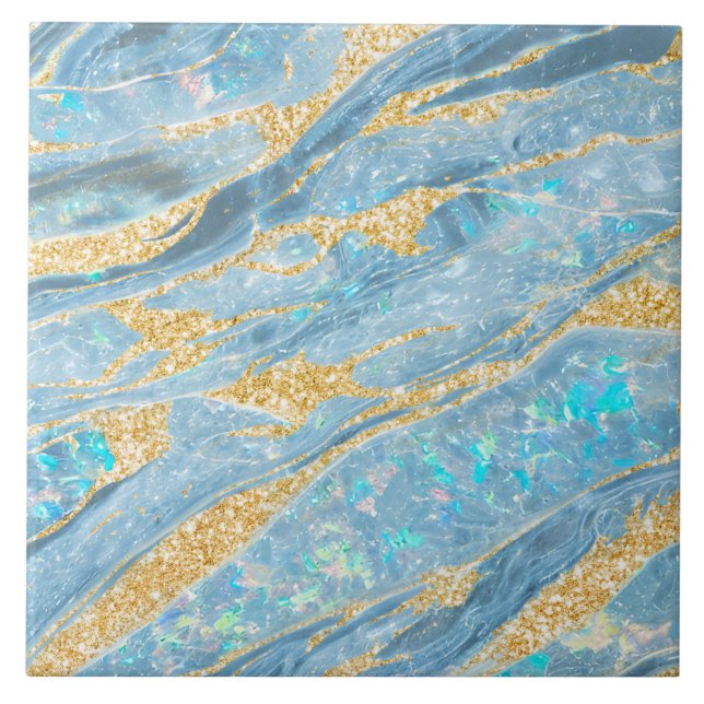 Elegant Classy Opal Marble Light Blue Gold Glitter Tile (Front)