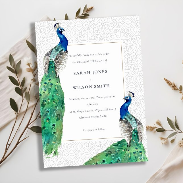 Elegant Classy Ornate Watercolor Peacock Wedding Invitation (Creator Uploaded)