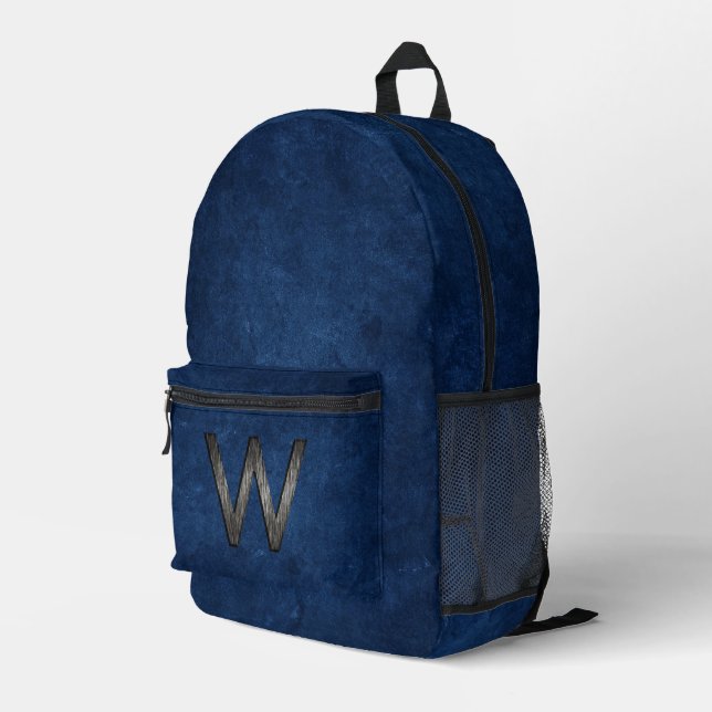 Elegant Classy Personalized Monogram Charcoal Navy Printed Backpack (Back Corner Right)