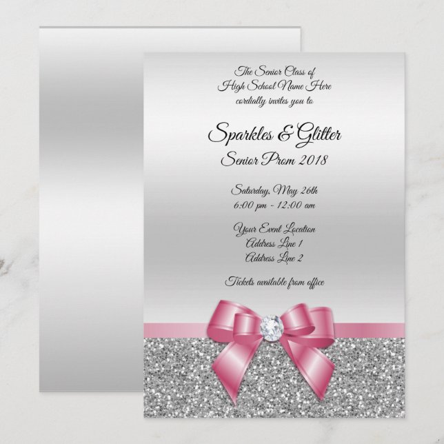 Elegant Classy Pink Bow & Silver Glitter Prom Invitation (Front/Back)