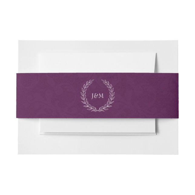 Elegant Classy Plum Purple Laurel Monogram Wedding Invitation Belly Band (Front Example)
