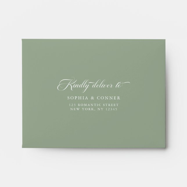 Elegant Classy Pre-Printed Address RSVP Sage Green Envelope (Front)