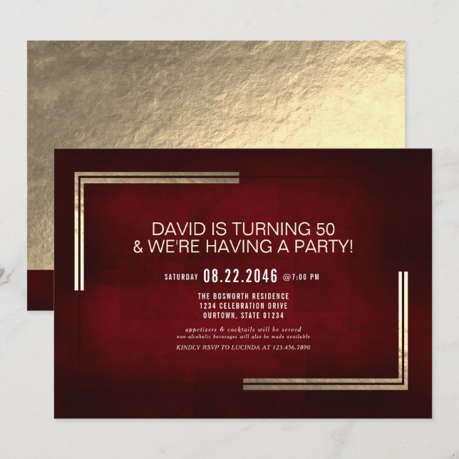 Elegant Classy Red/Gold Birthday Party  Invitation (Front/Back)