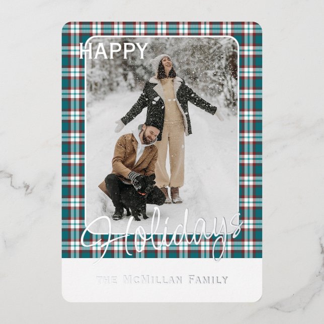 Elegant Classy Rustic Plaid Pattern Gold Foil Holiday Card (Front)