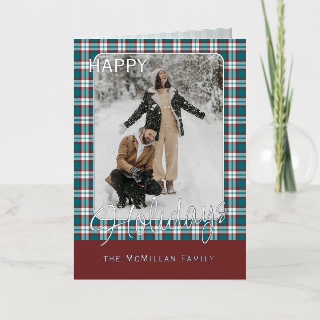 Elegant Classy Rustic Plaid Pattern Gold Foil Holiday Card (Front)