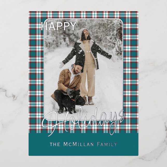 Elegant Classy Rustic Plaid Pattern Gold Foil Holiday Postcard (Front)