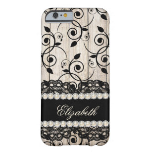 Elegant Classy Rustic Wood Black Lace Jewel Floral Barely There iPhone 6 Case