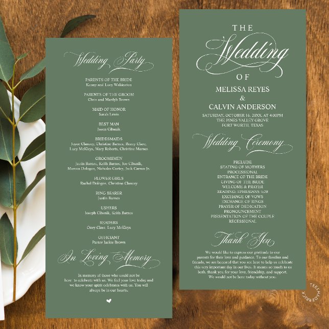 Elegant Classy Sage Green Script Wedding Program (Elegant Classy Sage Green Script Wedding Program Card)