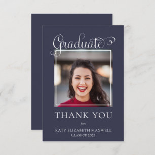Elegant Classy Script Graduate Photo Blue Thank You Card