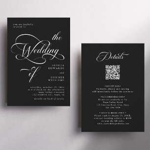 Elegant Classy Script Wedding All in One Black Invitation