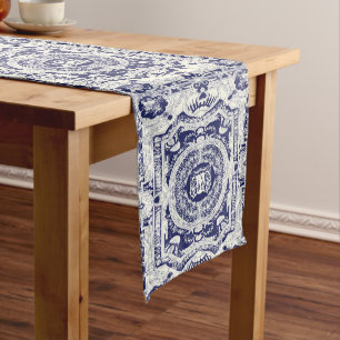 Elegant Classy Stylish Navy Blue Baroque Ornaments Short Table Runner