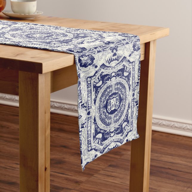 Elegant Classy Stylish Navy Blue Baroque Ornaments Short Table Runner (In Situ)