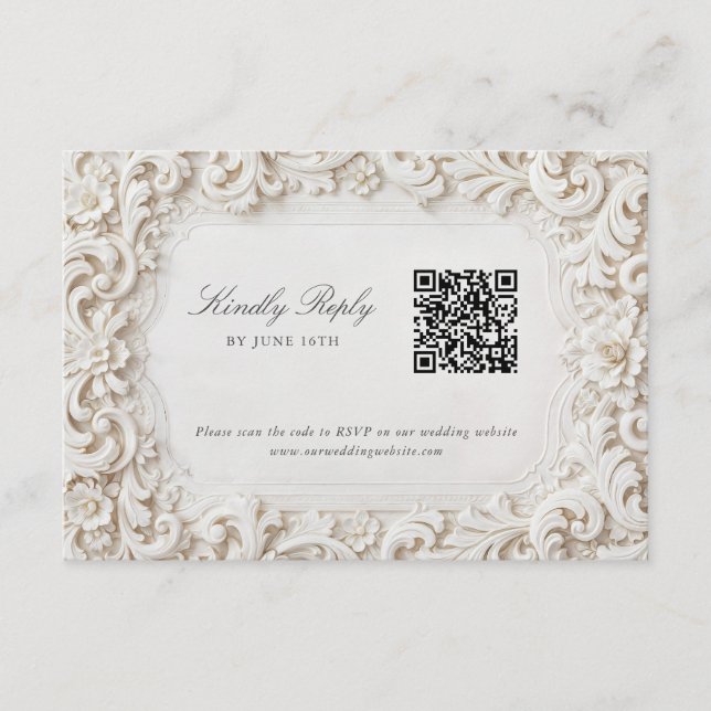 Elegant Classy White Baroque RSVP with QR Code Enclosure Card (Front)