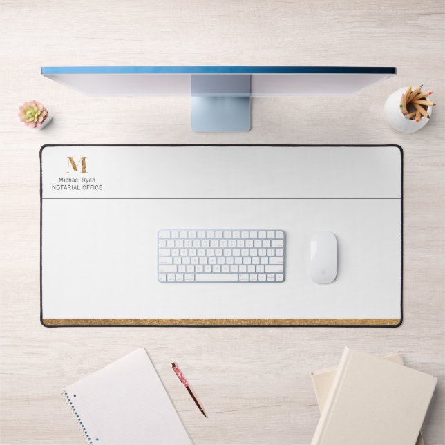 Elegant Classy White & Gold Personalized Monogram  Desk Mat (Office 1)