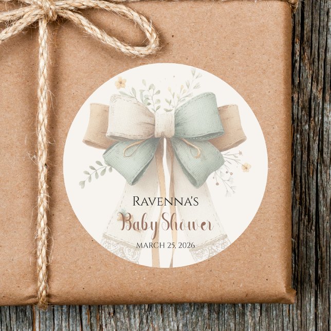 Elegant Clean Cream Patchwork Sage Bow Baby Shower Classic Round Sticker (Creator Uploaded)