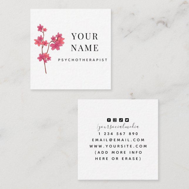 Elegant Clean Sakura Branch Psychotherapist Flower Square Business Card (Front/Back)