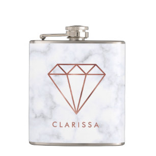 elegant clear faux rose gold diamond white marble hip flask