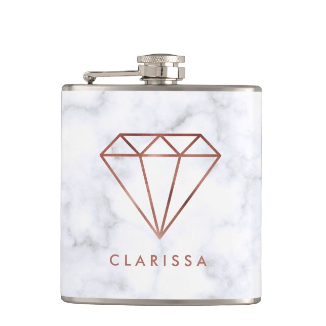 elegant clear faux rose gold diamond white marble hip flask (Front)