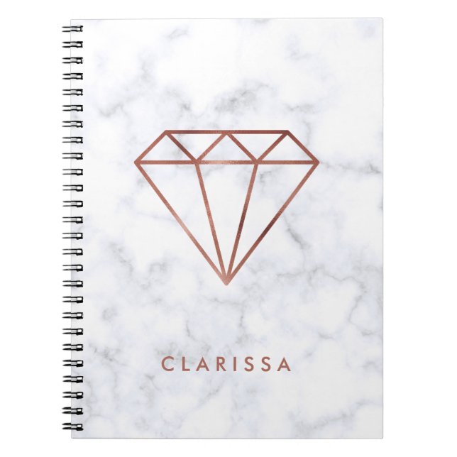 elegant clear faux rose gold diamond white marble notebook (Front)
