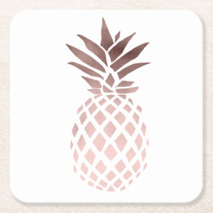 elegant clear faux rose gold tropical pineapple square paper coaster