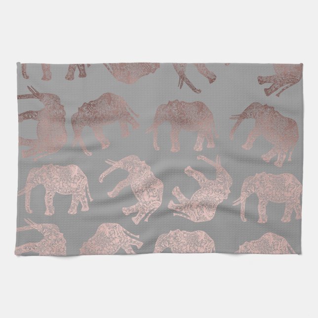 elegant clear rose gold tribal elephant pattern kitchen towel (Horizontal)