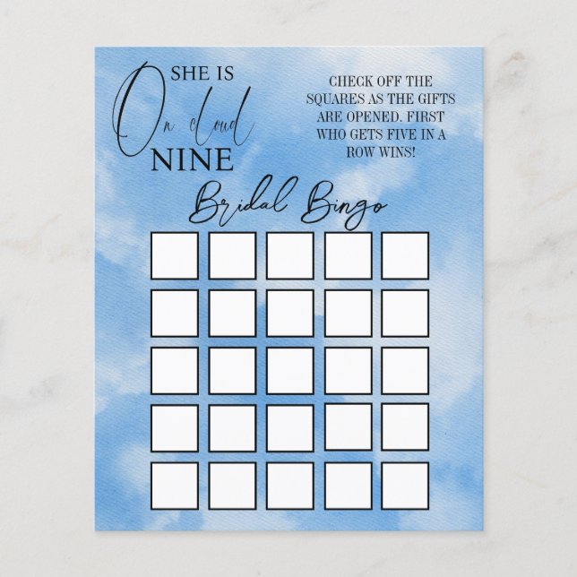 Elegant Cloud Nine Blue Bridal Shower Bingo Game (Front)