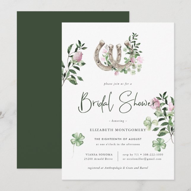 Elegant Clover Horseshoes Botanical Bridal Shower Invitation (Front/Back)
