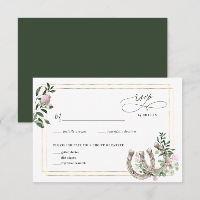 Elegant Clover Horseshoes Botanical Wedding RSVP Card (Front/Back)