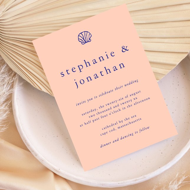 Elegant Coastal Beach Peach Navy Blue Wedding  Invitation (Creator Uploaded)