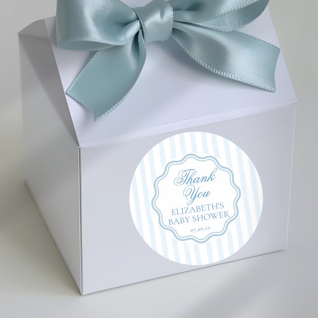 Elegant Coastal Blue Stripe Wavy Script Thank You Classic Round Sticker (Creator Uploaded)