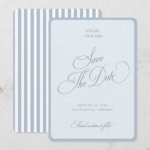 Elegant Coastal Blue Stripes Border Retro Wedding Save The Date