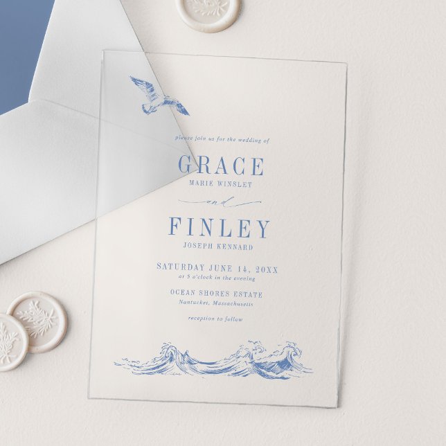 Elegant Coastal Chic Blue Beach Wedding Acrylic Invitations (Creator Uploaded)