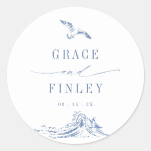 Elegant Coastal Chic Blue Seaside Wedding Classic Round Sticker