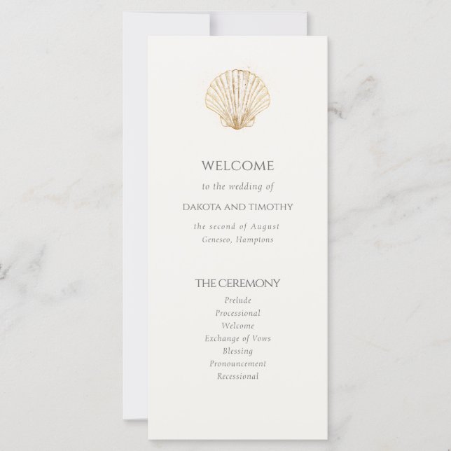 Elegant Coastal gold Seashell Wedding Program (Front)