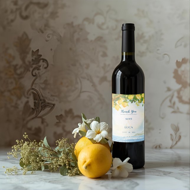 Elegant Coastal Lemon Wedding Thank You Favor Wine Label (Elegant Coastal Lemon Wedding Thank You Favor Wine Label)