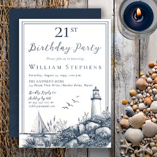 Elegant Coastal Lighthouse 21st Birthday Party Invitation