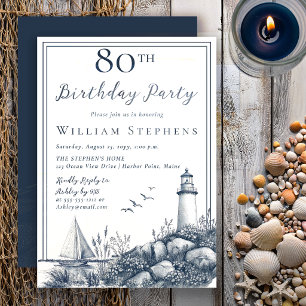 Elegant Coastal Lighthouse 80th Birthday Party Invitation
