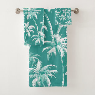 Elegant Coastal Palm Pattern Teal Tropical Design Bath Towel Set