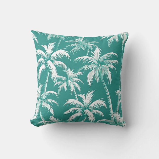 Elegant Coastal Palm Pattern Teal Tropical Design Throw Pillow (Front)